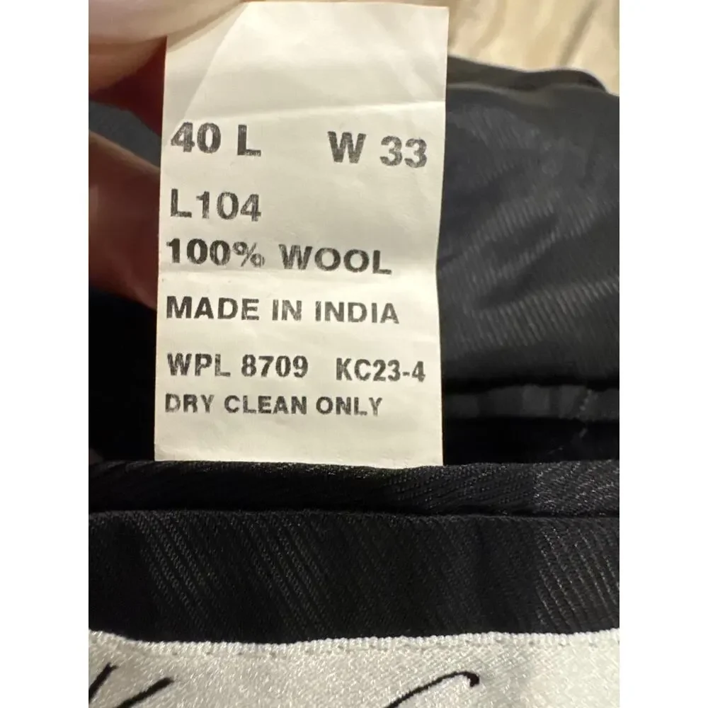 Kenneth Cole 100% Wool Black 2-Piece Suit 40L Blazer 33W Pants Classic Fit